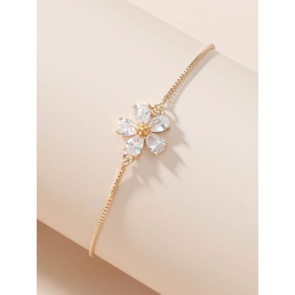 Flower Cubic Zironia Pendant Gold Chain Bracelet Adjustable Classic Dainty Florl - Picture 1 of 4